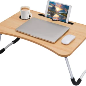 Home Laptop Table Foldable with Tablet Groove & Cup Slot | Beige Color | Multi-Purpose Desk for Work, Study, and Meals