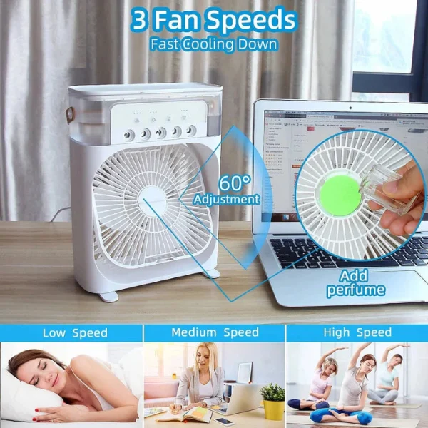 portable-air-conditioner-fan-usb-electric-fan-wi2_1726837369.webp 9 Inch Mist Fan | Portable Air Conditioner Fan | Mist Water, And Humidifier Function | Led Night Light Water Mist | Random Color - Image 4