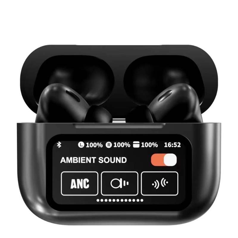 Black A9 Pro ANC Bluetooth 5.4 Wireless Earbuds with Smart Screen and Active Noise Cancellation - Image 2